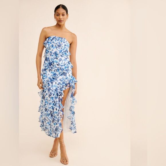 BHLDN Anthropologie Jia Bias-Cut Ruffled Blue Floral Strapless Dress SZ XS EUC - Picture 8 of 9